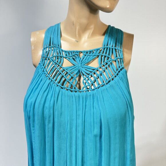 Cache Women's Silk Blouse  Top Layered Size S Turquoise Crochet Neckline Y2K - Picture 2 of 9